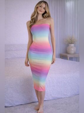 Lovely Day Strapless Midi Dress Rainbow Ombre Bodycon Summer Dress | Size S